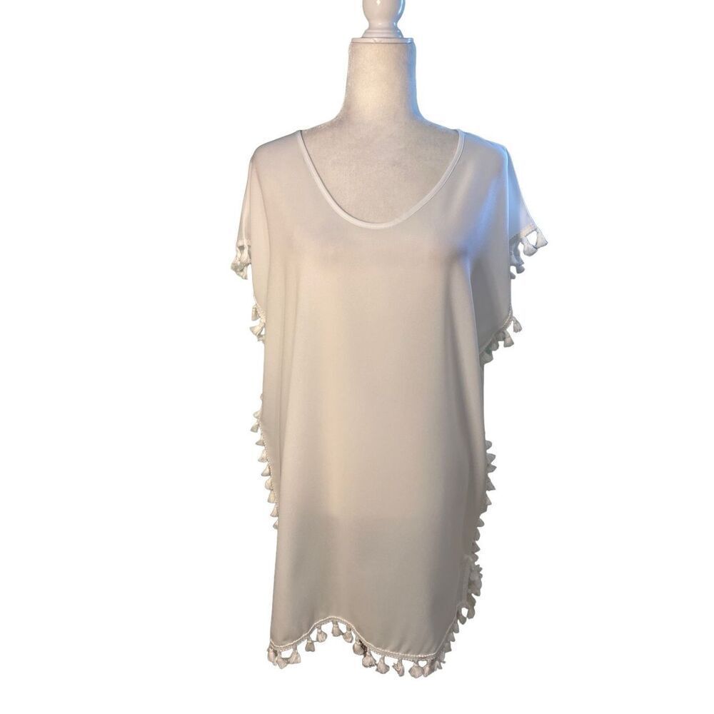 NWT Yincro white swim coverup with tassle trim sides - M